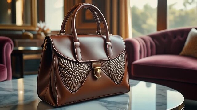 dynamic closeup of stunning luxury leather handbag with embossed pattern on marble table