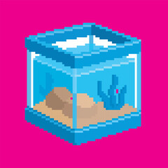 Aquarium pixel art, illustration on isolated background.