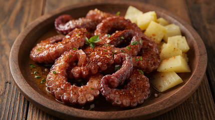 Rustic Galician octopus on wooden plate traditional Spanish dishfood aesthetic for menu or wallpaper background