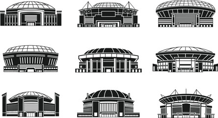 Modern stadium and arena building icons set, architectural sports venues silhouettes, black and white vector illustration collection for events branding design © SreeShontusChandra