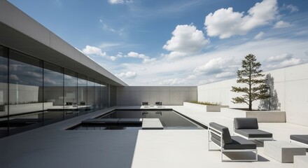 Fototapeta premium Modern architectural marvel with geometric pool and pristine white lounge area under a bright sky