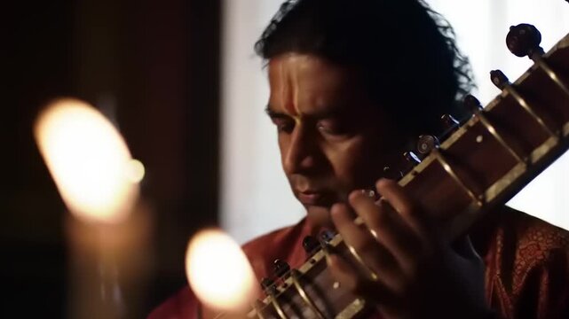 Man playing sitar in dim light.