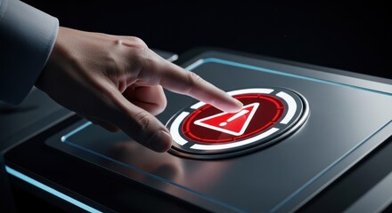 Businessman finger pressing glowing red warning alert button on futuristic control panel, for urgent security breach, critical system failure, immediate danger notification