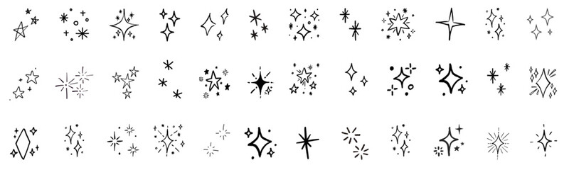 Hand drawn star spark doodle element icon set. Hand drawn sketch doodle style. Star shape twinkle glitter spark shine crayon grunge brush line icons.  vector illustration 