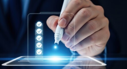 Businessman hand checking off completed tasks on glowing digital checklist interface with glowing checkmarks, for successful project completion, goal achievement, efficient task management