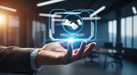 Businessman hand holding glowing digital interface with handshake icon word procurement, for successful business deal, contract agreement, supply chain management strategy