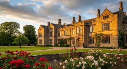 Majestic manor house bathed in golden light, surrounded by vibrant rose gardens at dusk