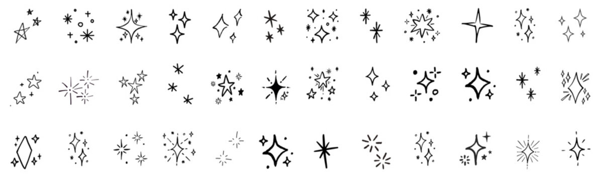Hand drawn star spark doodle element icon set. Hand drawn sketch doodle style. Star shape twinkle glitter spark shine crayon grunge brush line icons.  vector illustration 