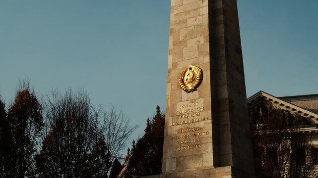 Soviet war memorial in Budapest, Hungary, commemorating fallen Red Army soldiers, featuring communist symbolism and Cold War history.