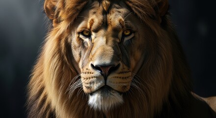 Fototapeta premium Majestic lion portrait with intense gaze and imposing mane highlighting regal presence