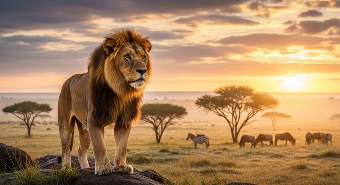 Majestic lion silhouetted against the dawn in the african savanna landscape on a rocky outcrop - Powered by Adobe
