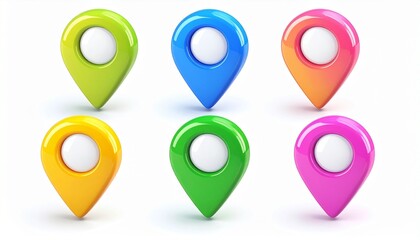 Set of colorful 3d map pointers and navigation icon pins including a vector marker sign for web business travel and gps location point design