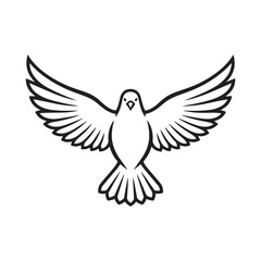 Obraz premium Peaceful white dove bird flying with spread wings line art outline vector illustration.