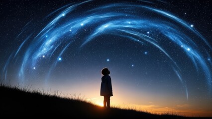 Fototapeta premium Young boy gazing at a starry night sky filled with vibrant cosmic trails and twinkling stars, embodying wonder and imagination in a serene landscape