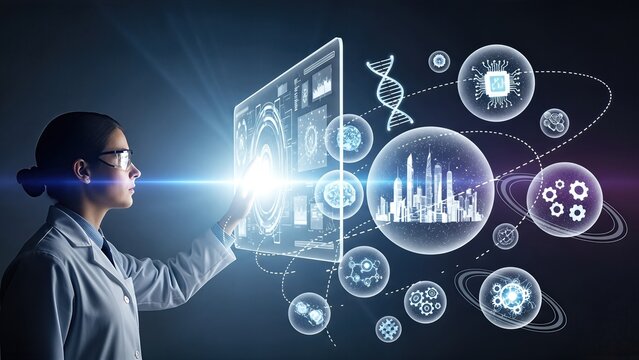 Female scientist in lab coat interacts with futuristic holographic interface displaying data, technology, and cityscape, representing innovation and exploration in scientific frontiers - Powered by Adobe