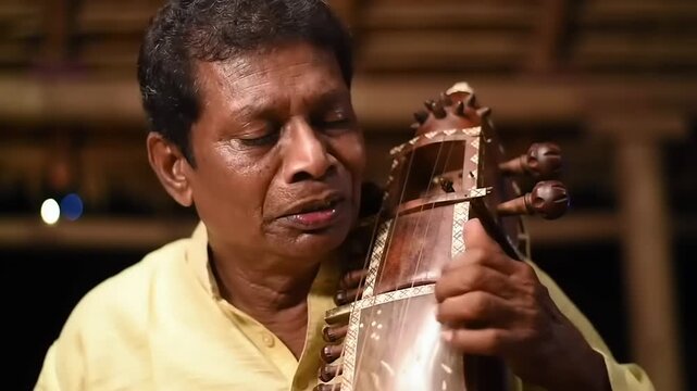 Man playing traditional Indian instrument.