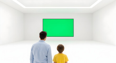 Father and Son Observing Empty White Gallery with Large Green Screen Display in Minimalist Modern Space