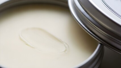 Close up of a silver container with cream product inside detail shot