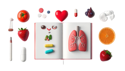 Composition showing health, featuring organs, food, pills, and other related items