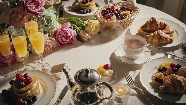 Elegant Brunch Spread with Mimosas and Pastries.