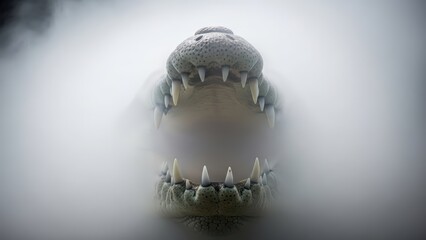 A menacing crocodile with its jaws wide open emerges from a dense, mysterious mist.