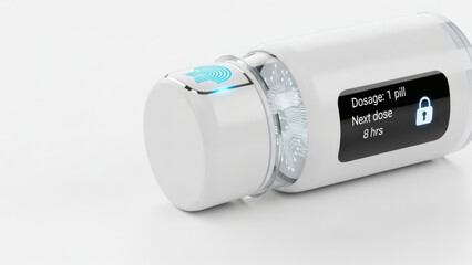 Futuristic smart pill bottle with digital display showing dosage and reminder, representing advanced healthcare technology