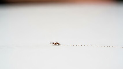 A tiny ant walks across a clean white surface, leaving a distinct dotted trail in its wake.
