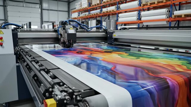 Large Format Printer Creating Colorful Abstract Design in Industrial Setting.