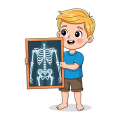 Cute cartoon boy holding X-ray film showing human skeleton bones vector illustration.