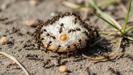 A colony of black ants diligently working together to carry a piece of white bread crumb across the dry soil ground.