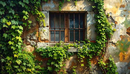 Weathered exterior of an old building, featuring a barred window and vibrant ivy foliage climbing the crumbling walls