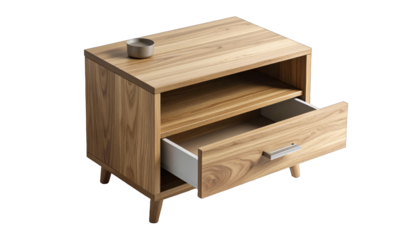Wooden nightstand with open drawer and small bowl on top. Isolated on black