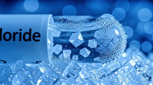 A close-up image of a cylindrical object with a visible label, partially filled with ice-like crystals and water, set against a blue background with blurred lights