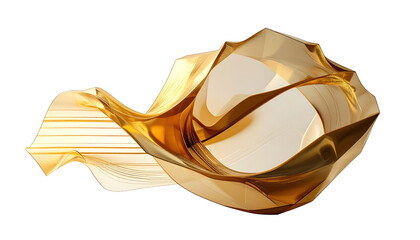 Flowing, translucent golden fabric sculpture on a black background, with light