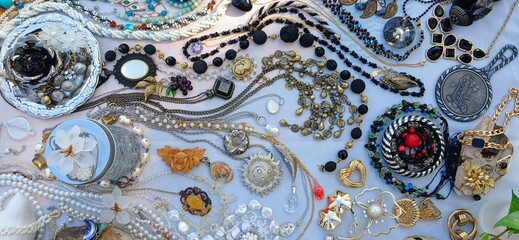 Obraz premium Second-hand jewelry arrangement in wave pattern on neutral background