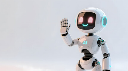 A cute, futuristic AI robot standing on the right, making a friendly welcoming or stopping hand gesture.