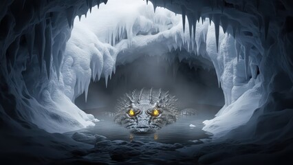 A mythical ice creature with glowing yellow eyes emerges from frozen water in a dark, icy cave filled with sharp icicles.