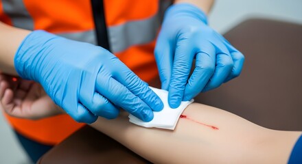 First Aid Worker Applying Bandage to Wound, Wearing Blue Gloves and Orange Vest