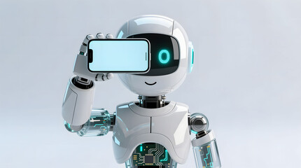 AI Mobile Integration, an adorable, futuristic AI robot holding a smartphone horizontally with a blank screen, perfect for displaying apps, ads, or important messages.