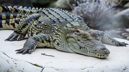 Obraz premium A large crocodile with intricate scaly skin patterns rests on a light-colored rock surface, appearing to bask or sleep.