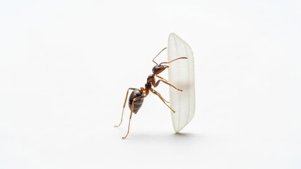 A close-up shot of a small ant pushing a single grain of white rice on a clean white background, symbolizing effort.