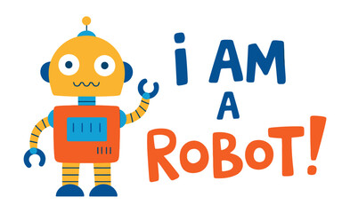 Fototapeta premium Friendly cartoon robot waves hello with a cheerful 