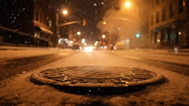 Snowy City Street at Night with Manhole.