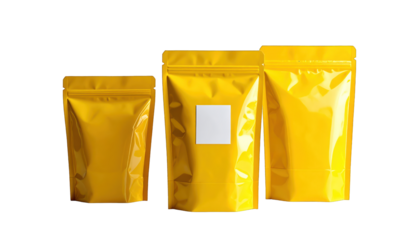 Three bright yellow pouches with a reflective shine, one with a white label, on black