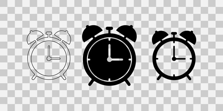 Alarm clock icons in different styles on transparent background