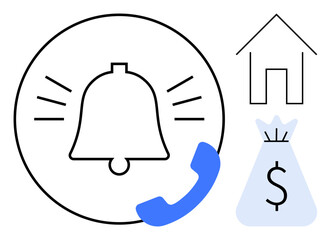 Notification bell with phone symbol, home, and money bag icons referencing alerts, communication, housing, finance, savings, and investments. Ideal for apps banking real estate and financial