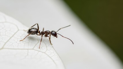 A close-up shot of a small black ant walking on a white leaf with visible veins, set against a soft, dark green background.