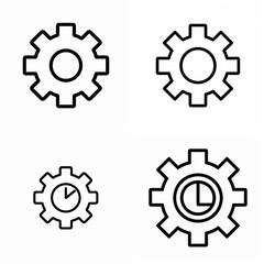 Four stylized gear icons representing mechanics, settings, and time management