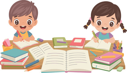 Cute boy and girl studying together illustration, happy kids writing and reading books at desk, education learning concept vector