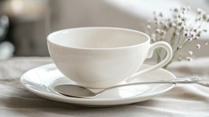 Elegant white teacup and saucer with spoon on tabletop photography